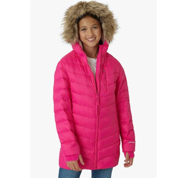 Eddie Bauer Girl's Long Parka Jacket Down Bubble Coat with Fur Hood XL/16